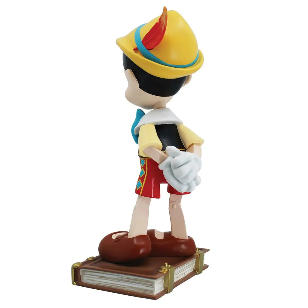 Rear angled view of Pinocchio figurine with hands behind his back, standing atop a storybook; part of Disney’s 85th anniversary Showcase collection.