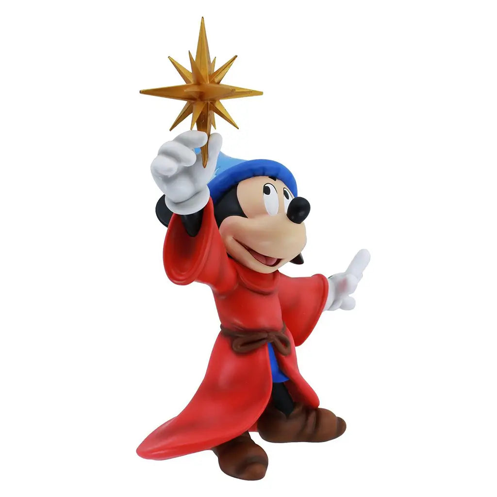 Angled view of 10-inch Sorcerer Mickey figurine holding golden star wand, wearing red robe and blue wizard hat; collectible from Disney Showcase Fantasia 85th series.