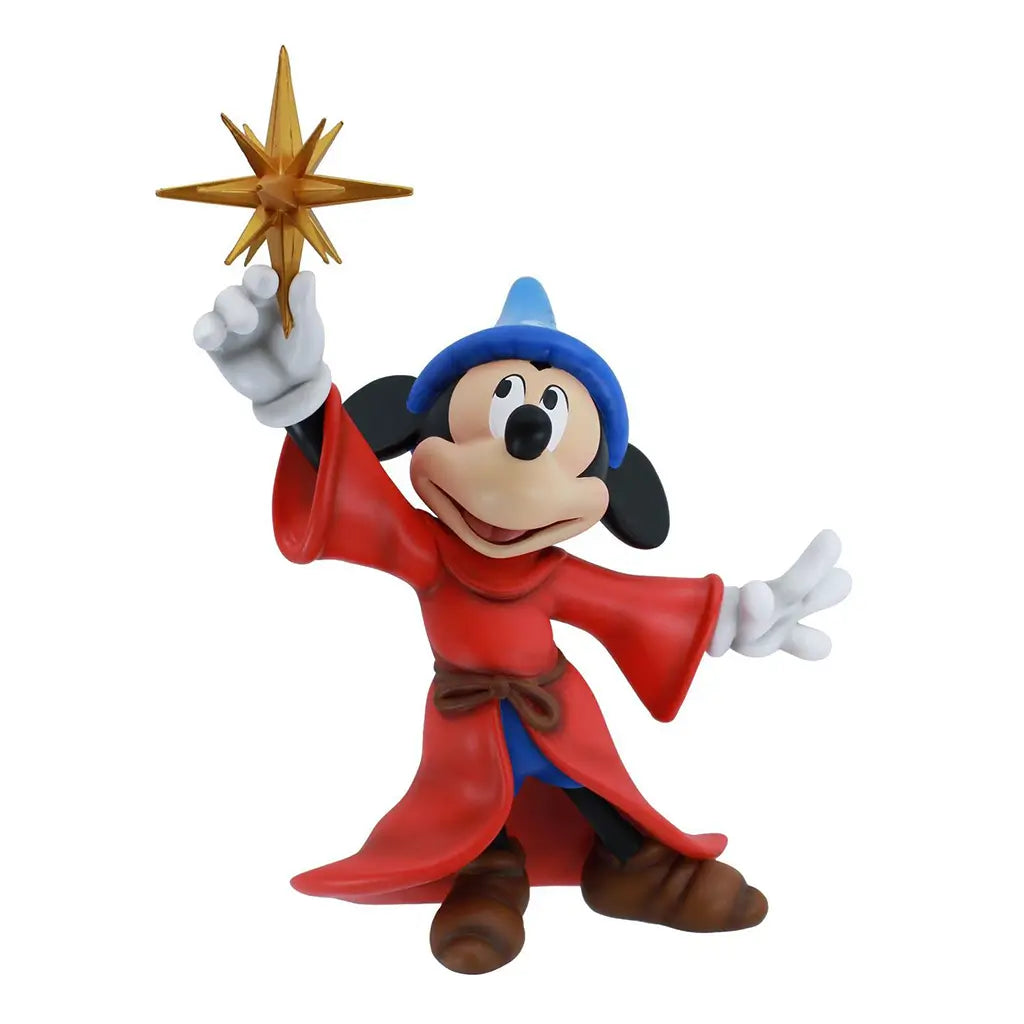 Front view of Sorcerer Mickey figure in red robe with blue hat and gold star wand, posed with one hand raised; part of Fantasia 85th anniversary Disney Showcase line.