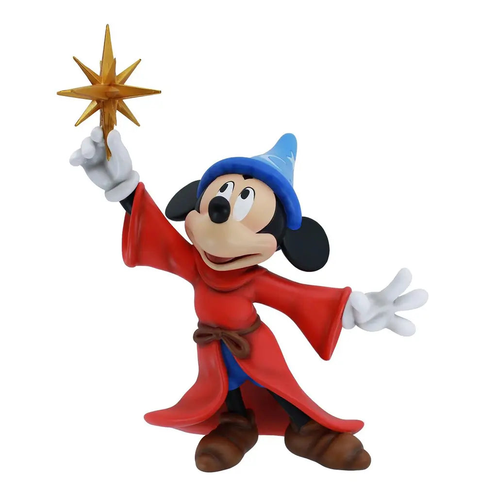 Front angle of Disney Sorcerer Mickey figurine celebrating Fantasia 85th, featuring iconic red robe, blue hat with stars, and magical golden wand in hand.
