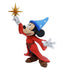 Side profile of Sorcerer Mickey 10-inch figurine with raised wand and flowing robe, wearing signature Fantasia blue hat; detailed piece from Disney Showcase collection.