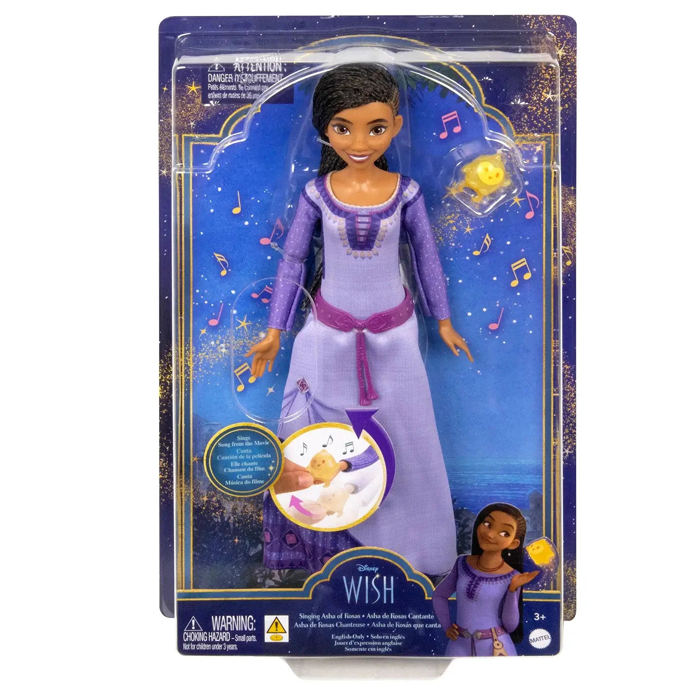 Disney Wish Singing Asha of Rosas fashion doll in original packaging, wearing a purple dress with braided hair and accessories, includes a clip-on Star character toy.