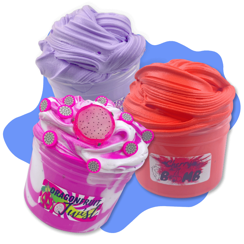 Dope Slimes - Showing three different slimes in purple, pink and white, and red.