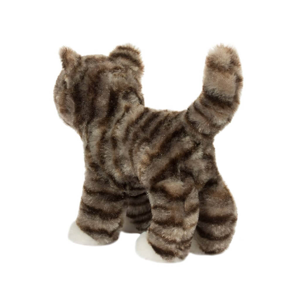 Picture of gray stripe cat plush on side view