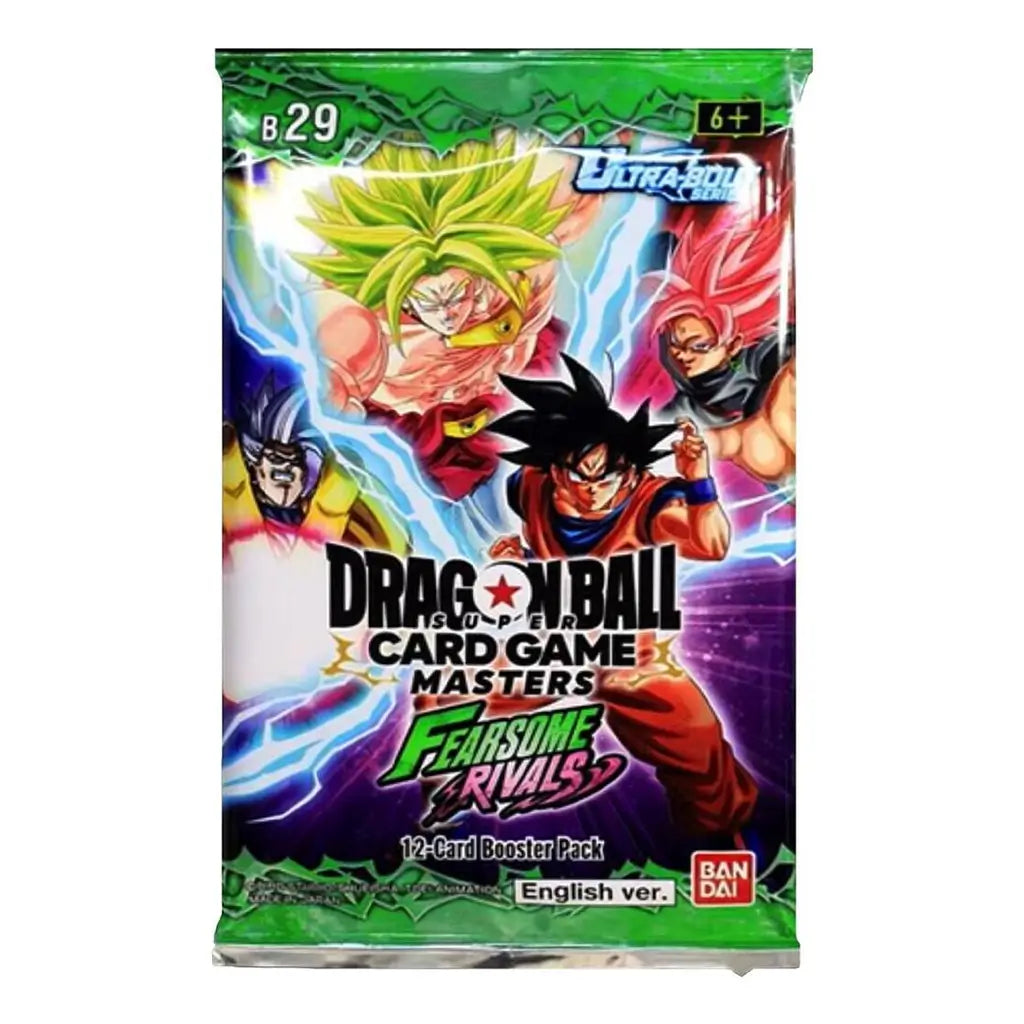 Dragon Ball Super Card Game booster pack in glossy green foil packaging with vertical rectangular form, featuring colorful anime character artwork, lightning effects, and Fearsome Rivals branding, designed as a sealed 12-card trading card pack on a white background.