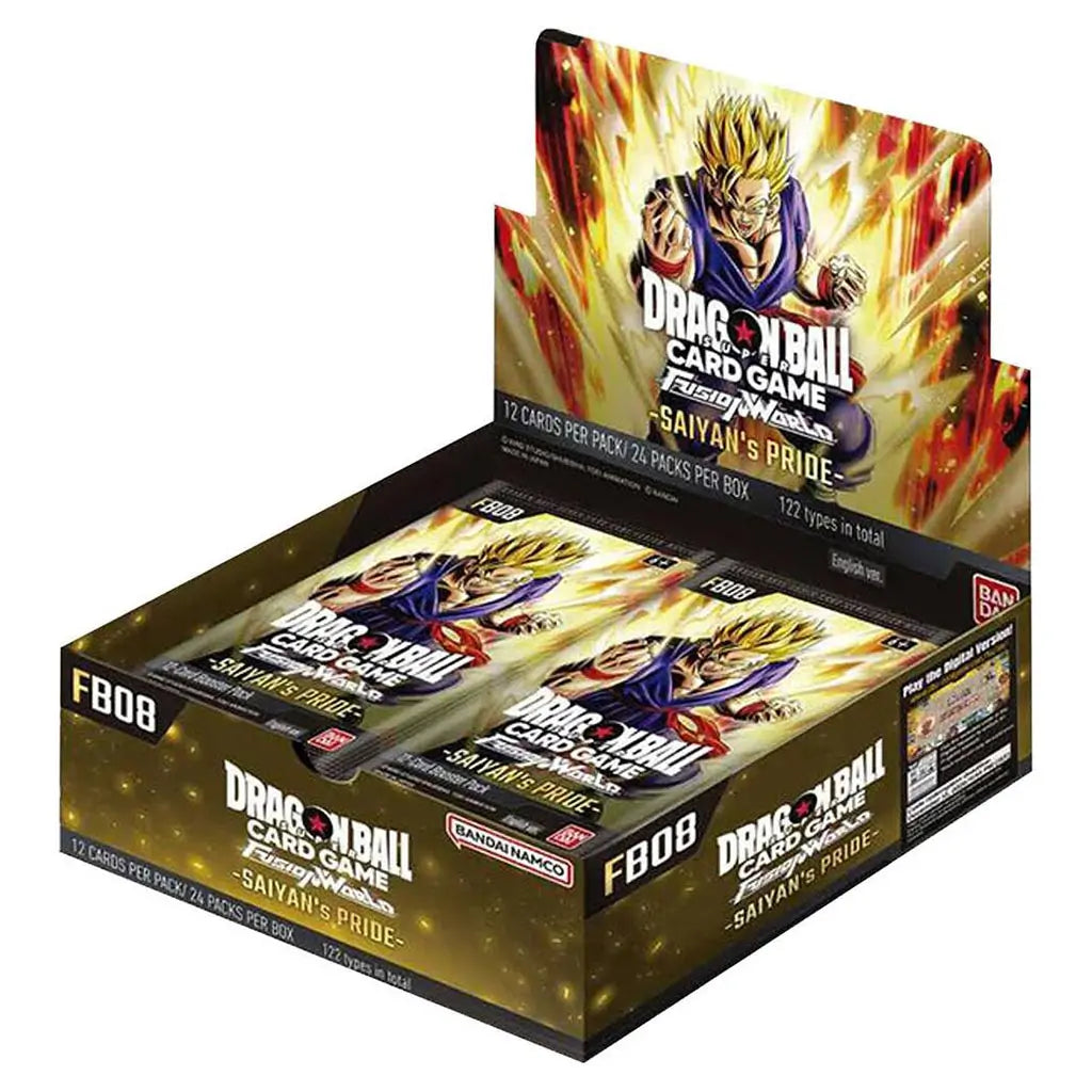 Dragon Ball Super card game booster box with black and gold cardboard display packaging, rectangular open-top box holding multiple Saiyan’s Pride booster packs for collectible trading cards, featuring Super Saiyan Gohan artwork in a retail display setting.