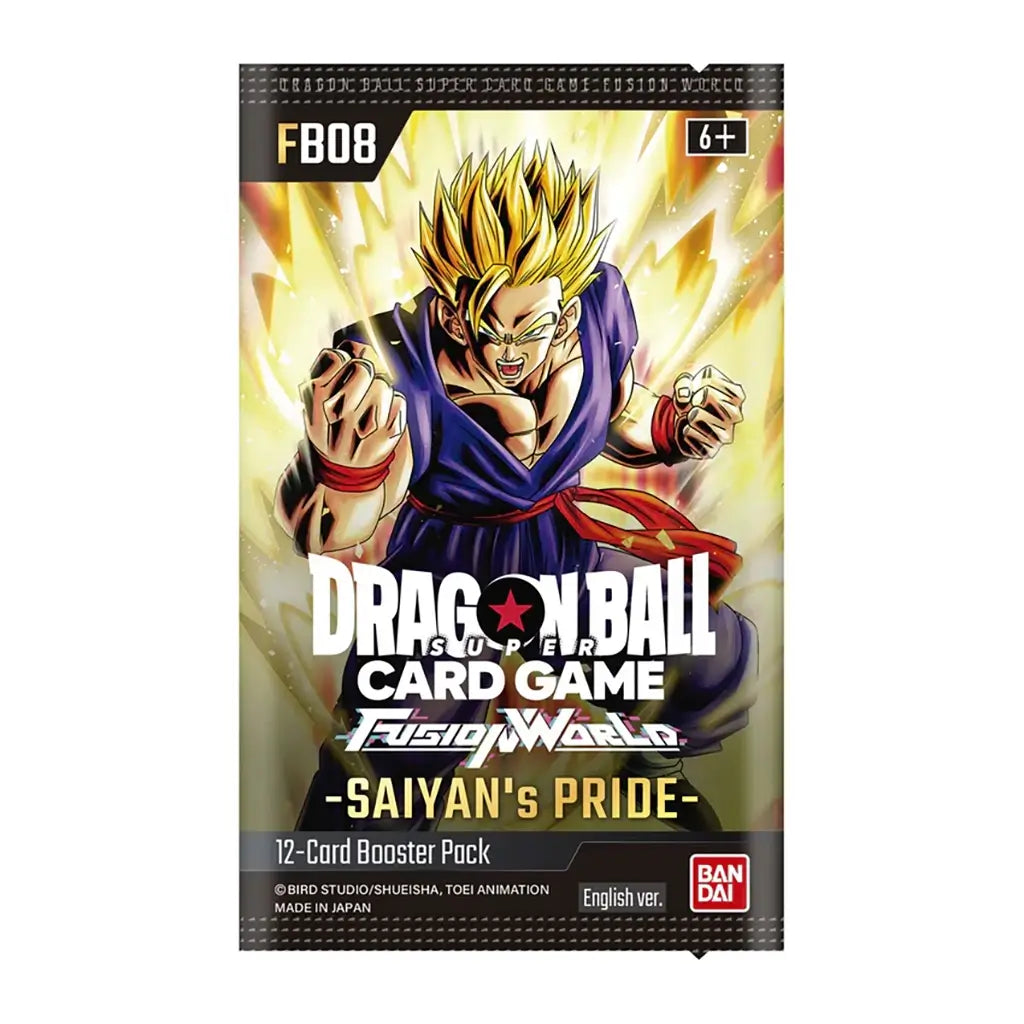 Dragon Ball Super card game booster pack with yellow and gold foil plastic wrapper, rectangular sealed pack featuring Super Saiyan Gohan powering up for collectible trading cards, shown against an explosive energy background.