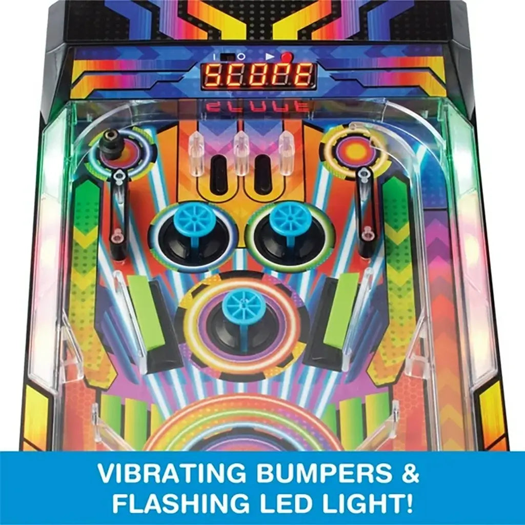 Close-up view of Epoch Game Zone electronic pinball playfield showing vibrant neon artwork, bumpers, spinners, LED lights, and digital score display.
