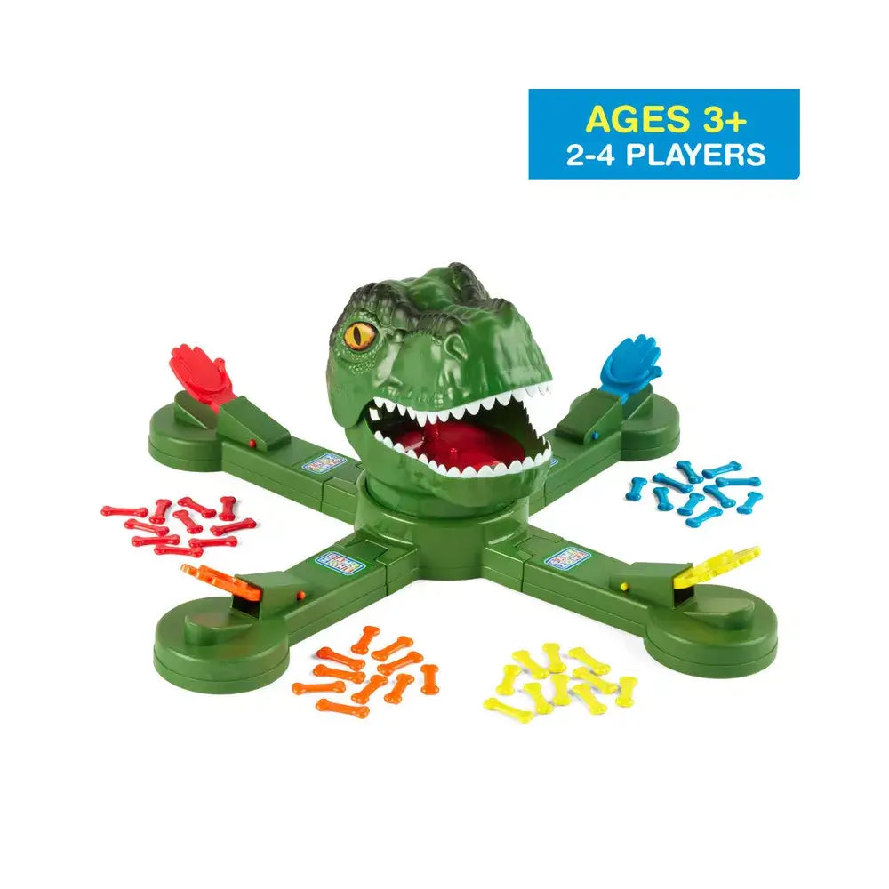 Game Zone T-Rex Bone Toss set for ages 3 and up, showing the green dinosaur head centerpiece with flippers and colorful bones around it for 2–4 players.