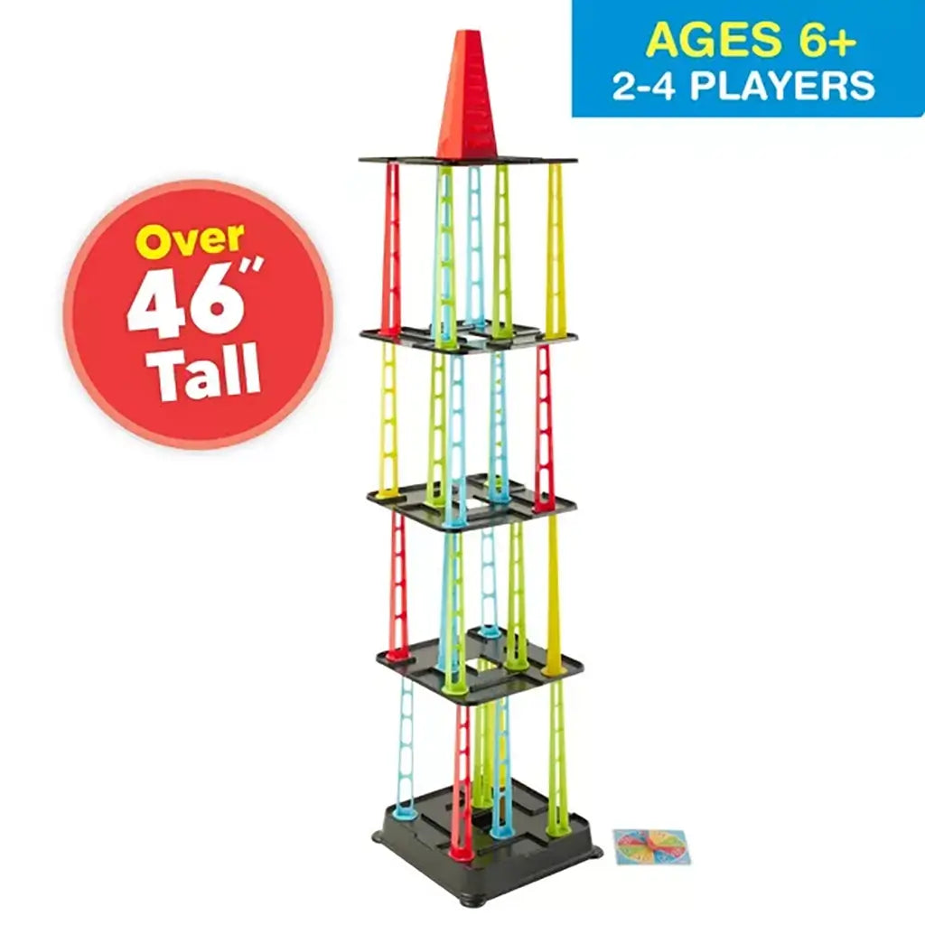 Tumbling Tower game setup standing over 46 inches tall with stacked black shelves and red, yellow, and blue plastic pillars, designed for ages six and older, 2–4 players.