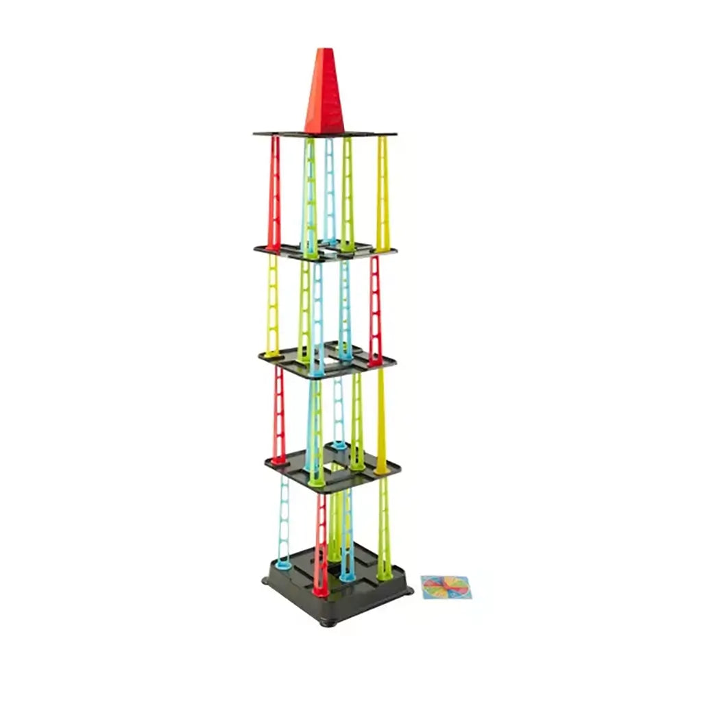 Full front view of Tumbling Tower game structure with red, yellow, and blue plastic pillars supporting black shelves and a red cone bell on top, spinner placed at base.