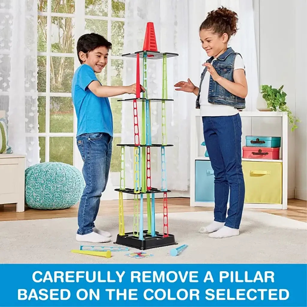 Kids playing Tumbling Tower game with colorful plastic pillars, stacking black shelves carefully to keep the tall tower steady in a bright, family living room setting.