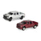 Chevrolet toy trucks in metallic silver and deep red die-cast metal show detailed pickup shapes with rugged HD styling, functional truck-bed design, and a clean white studio background.