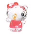 Back view of faceted Hello Kitty figurine in clear acrylic with red bow and pink dress, showing tail and fine etched details.