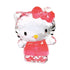 Front view of faceted Hello Kitty figurine with yellow nose, black eyes, red bow, and pink dress, designed in sparkling clear acrylic.