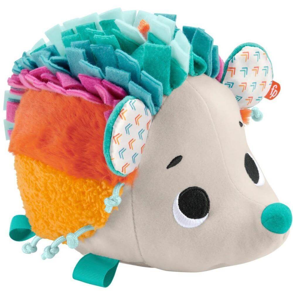 Fisher-Price Cuddle ‘n Snuggle Hedgehog Plush featured in orange, purple blue and gray.