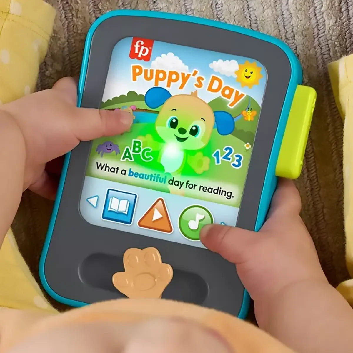 Fisher-Price Laugh & Learn Puppy's Storytime Reader Baby Electronic Learning Toy childs hands pressing