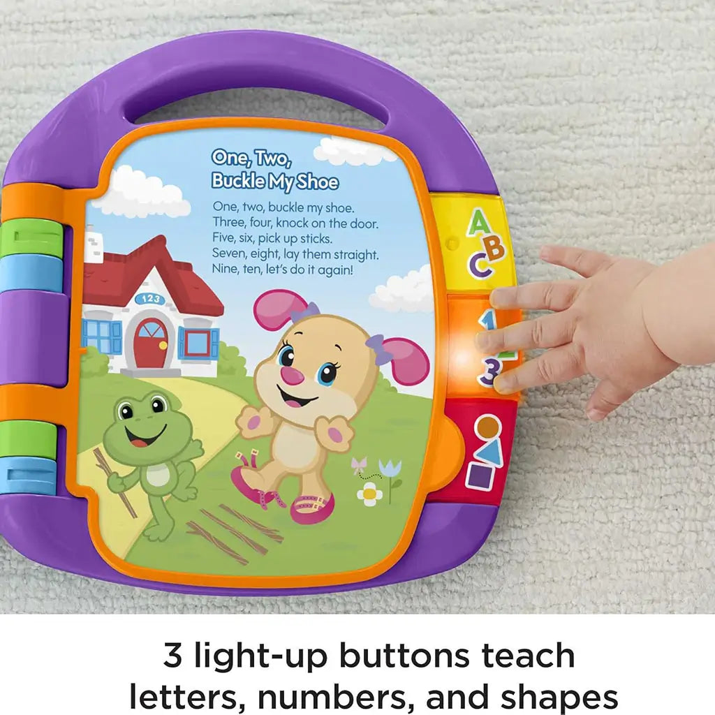 Fisher-Price Storybook Rhymes toy shows a page of “One, Two, Buckle My Shoe” beside three glowing light-up buttons that teach letters, numbers, and shapes, set on textured carpet with a baby’s hand reaching.
