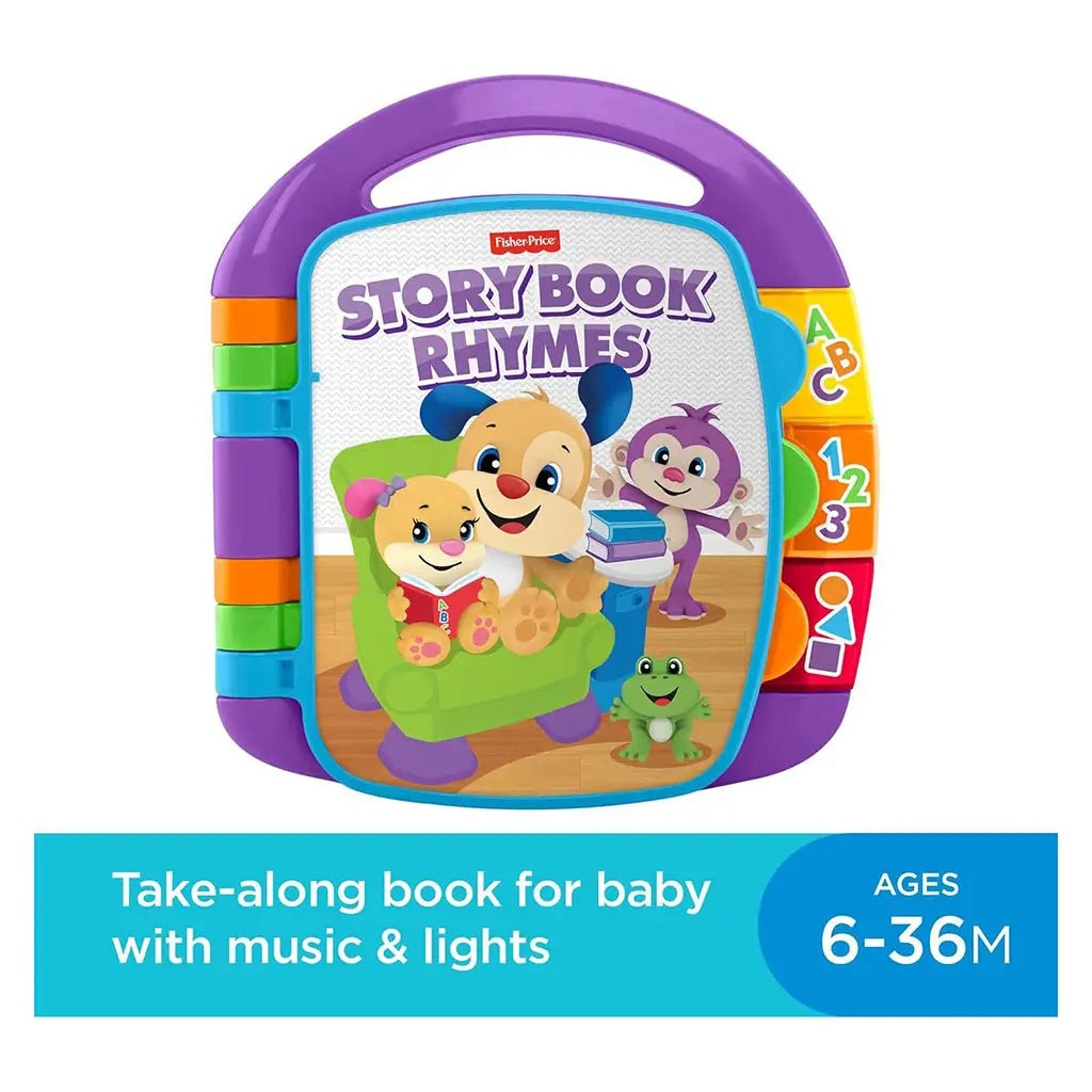 Fisher-Price Storybook Rhymes toy is shown upright with bold colors, playful characters, and side buttons labeled ABC and 123, promoting music, lights, and take-along learning for babies aged 6–36 months.
