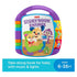 Fisher-Price Storybook Rhymes toy is shown upright with bold colors, playful characters, and side buttons labeled ABC and 123, promoting music, lights, and take-along learning for babies aged 6–36 months.