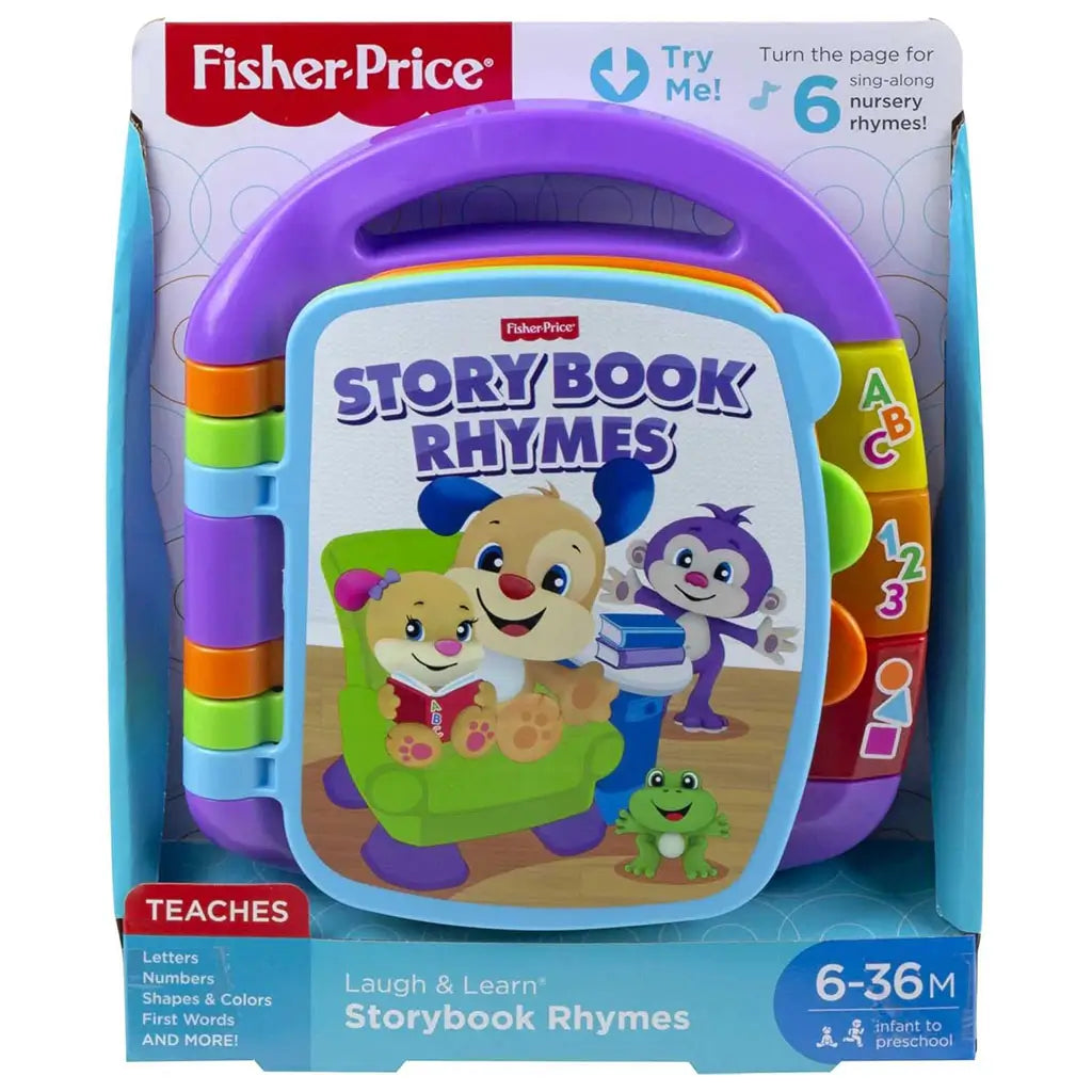 Fisher-Price Storybook Rhymes learning toy appears in retail packaging, displaying colorful pages, a sturdy purple handle, and educational features including letters, numbers, shapes, and sing-along nursery rhymes.