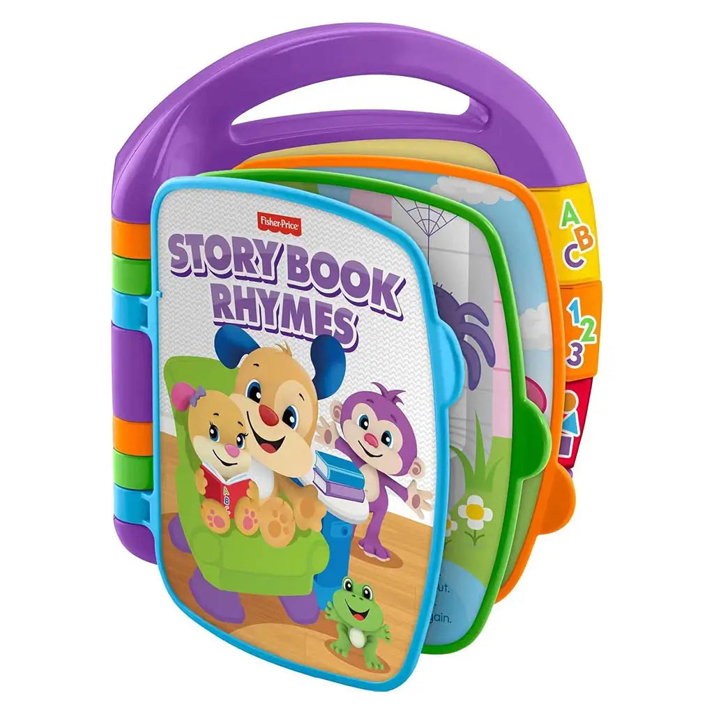 Fisher-Price Storybook Rhymes toy features bright purple, blue, and orange plastic with durable board-style pages, showing cheerful animal characters and a built-in handle designed for easy toddler grip and learning play.