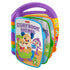 Fisher-Price Storybook Rhymes toy features bright purple, blue, and orange plastic with durable board-style pages, showing cheerful animal characters and a built-in handle designed for easy toddler grip and learning play.