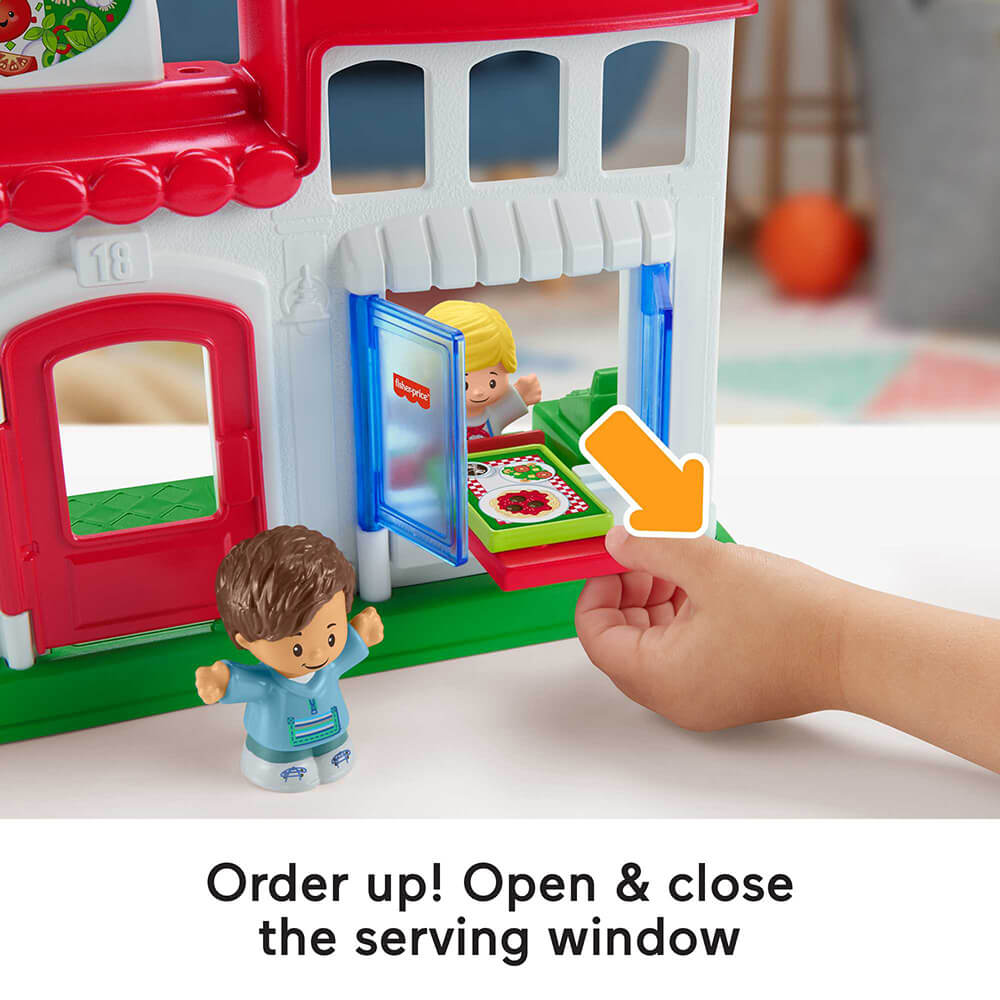 the window opens and closes for orders at the Fisher-Price Little People We Deliver Pizza Place Playset