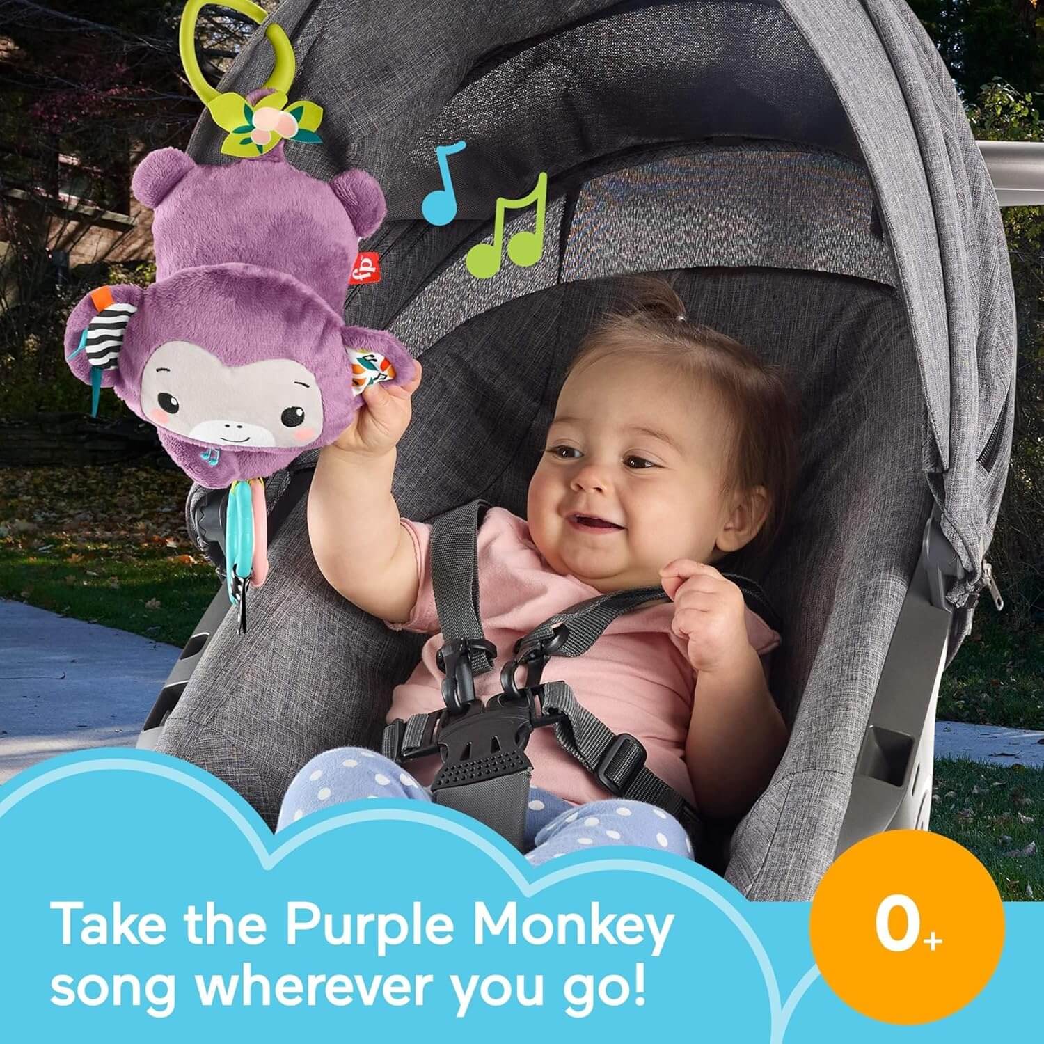 Fisher-Price Sing & Go Purple Monkey Plush Baby Stroller Sensory Toy take on the go