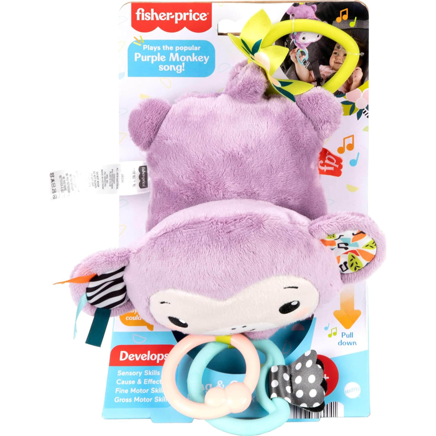 Fisher-Price Sing & Go Purple Monkey Plush Baby Stroller Sensory Toy packaging