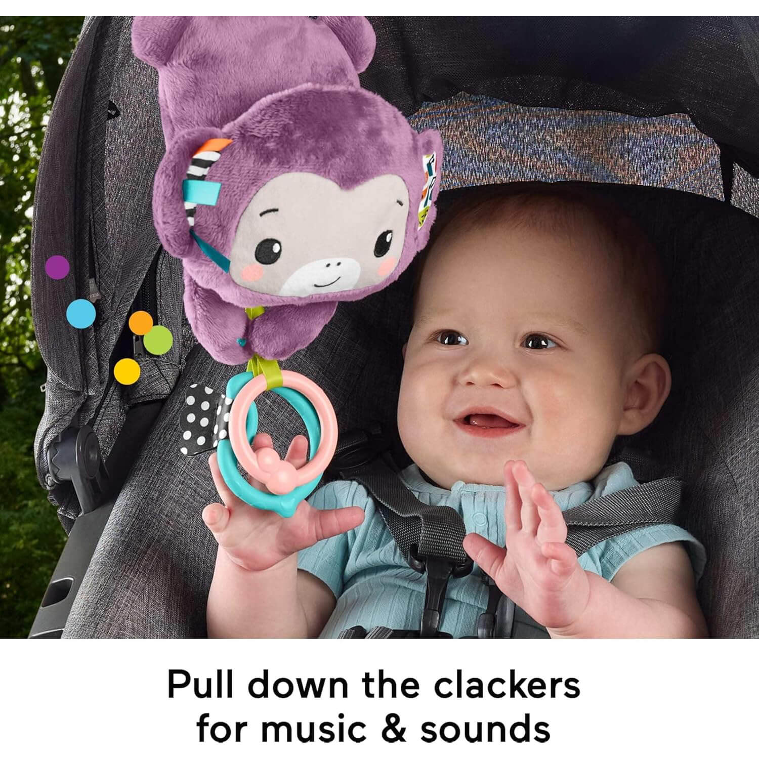 Fisher-Price Sing & Go Purple Monkey Plush Baby Stroller Sensory Toy pull down for music and sounds