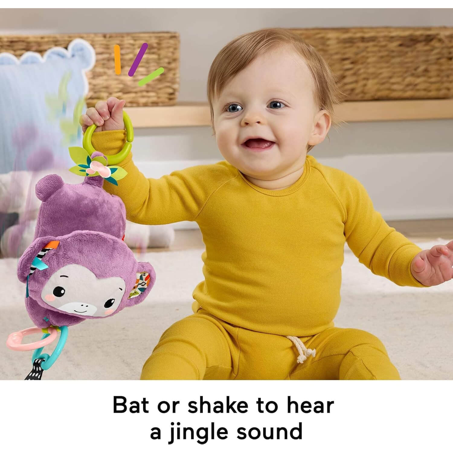 Fisher-Price Sing & Go Purple Monkey Plush Baby Stroller Sensory Toy bat or shake to hear sound