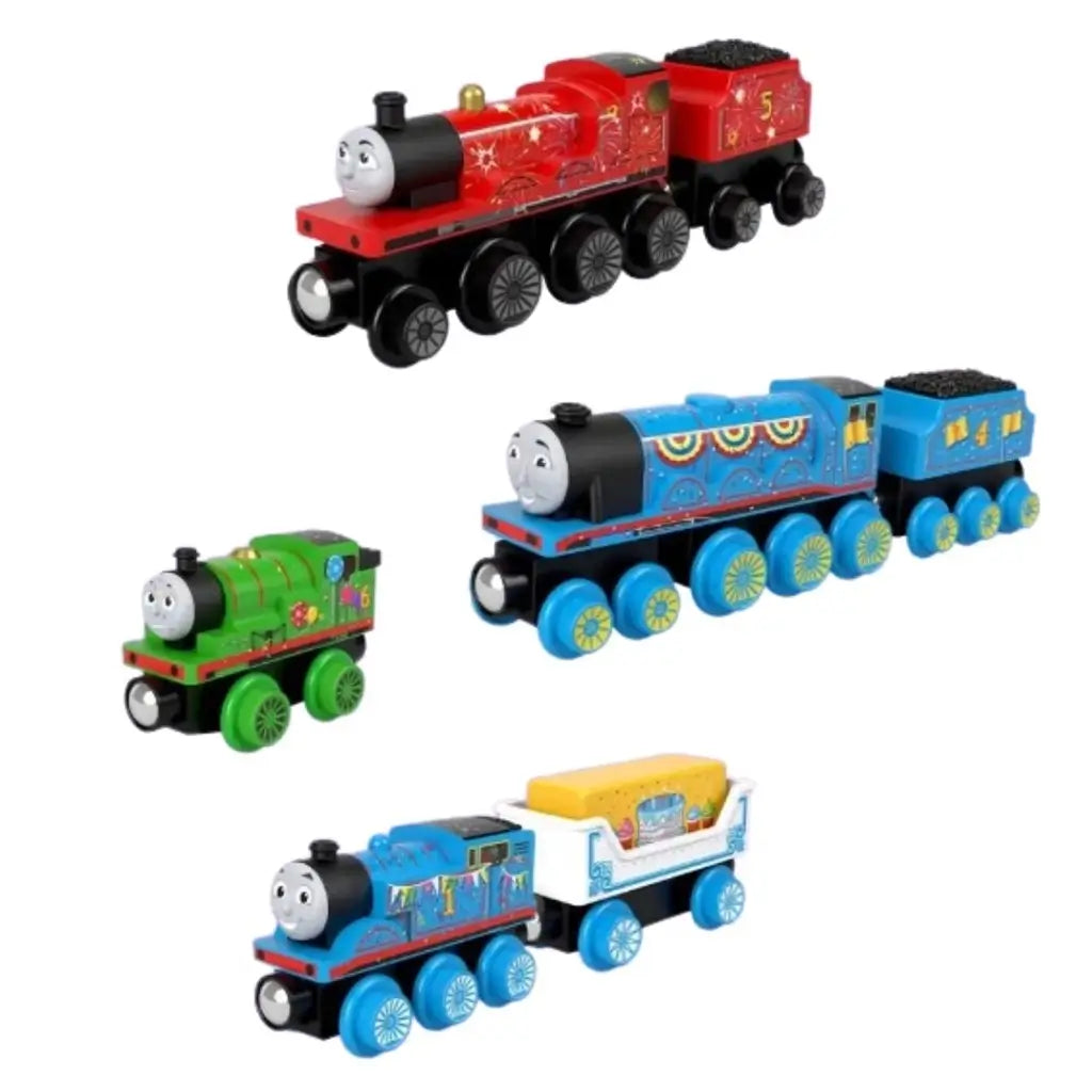 Thomas & Friends wooden railway engines feature bright painted wood bodies with smooth rounded shapes, showcasing celebration designs as themed toy trains arranged neatly against a plain white background.