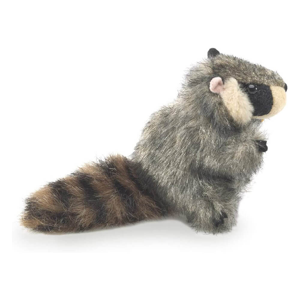 Side view of the Folkmanis Mini Raccoon Finger Puppet shows It's gray body, brown and black striped tail, and adorable bandit masked face.