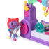 Gabby's Dollhouse Paw-some Party Story playset close-up in bright purple plastic showing smiling cat character holding translucent guitar beside cat-ear speaker and keyboard stage