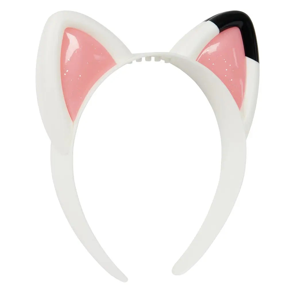 Angled view of Gabby’s Dollhouse white cat ear headband with sparkly pink interiors and a black-tipped ear, made of smooth plastic for dress-up and pretend play.