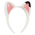 Angled view of Gabby’s Dollhouse white cat ear headband with sparkly pink interiors and a black-tipped ear, made of smooth plastic for dress-up and pretend play.
