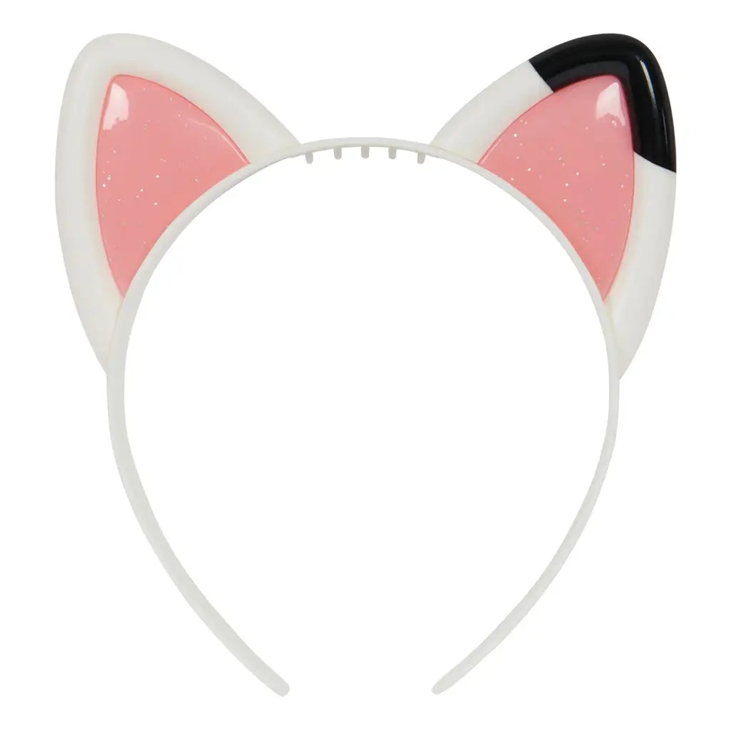 Front view of Gabby’s Dollhouse cat ear headband with glossy pink glitter inner ears and black-tipped accent, a cute costume accessory inspired by the DreamWorks Netflix show.