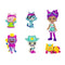 Gabby’s Dollhouse celebration toy figures in glossy multicolor molded plastic, including Gabby doll and themed cat characters posed upright for imaginative party play on a white background.