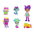 Gabby’s Dollhouse celebration toy figures in glossy multicolor molded plastic, including Gabby doll and themed cat characters posed upright for imaginative party play on a white background.