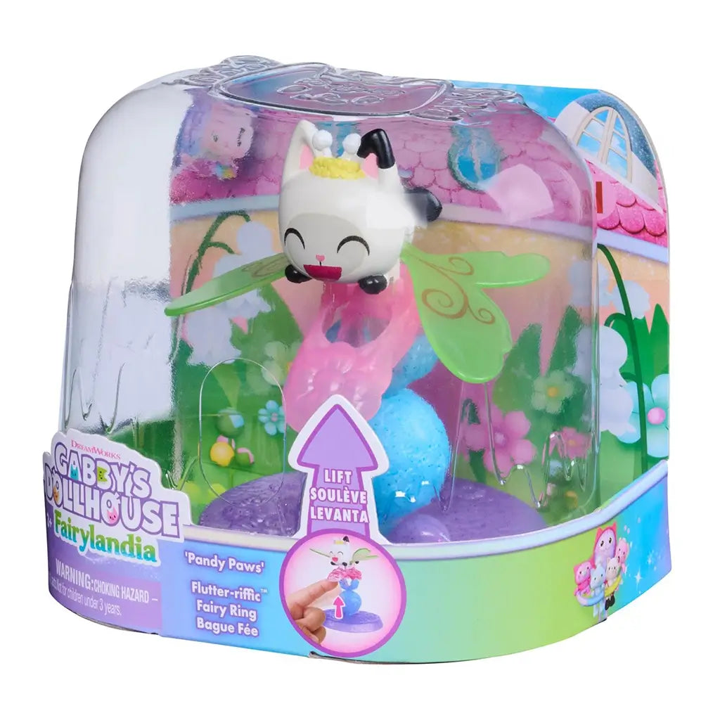 Gabby’s Dollhouse Fairylandia Pandy Paws toy in pastel white, pink, and green plastic with clear dome packaging, featuring winged character and ring base, designed for play on a white background.