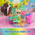 DreamWorks Gabby's Dollhouse Kitty Care Ear Purrfect Playroom pretend story time scene with pastel plastic figures, rainbow decor, nursery furniture and small accessories on play mat.