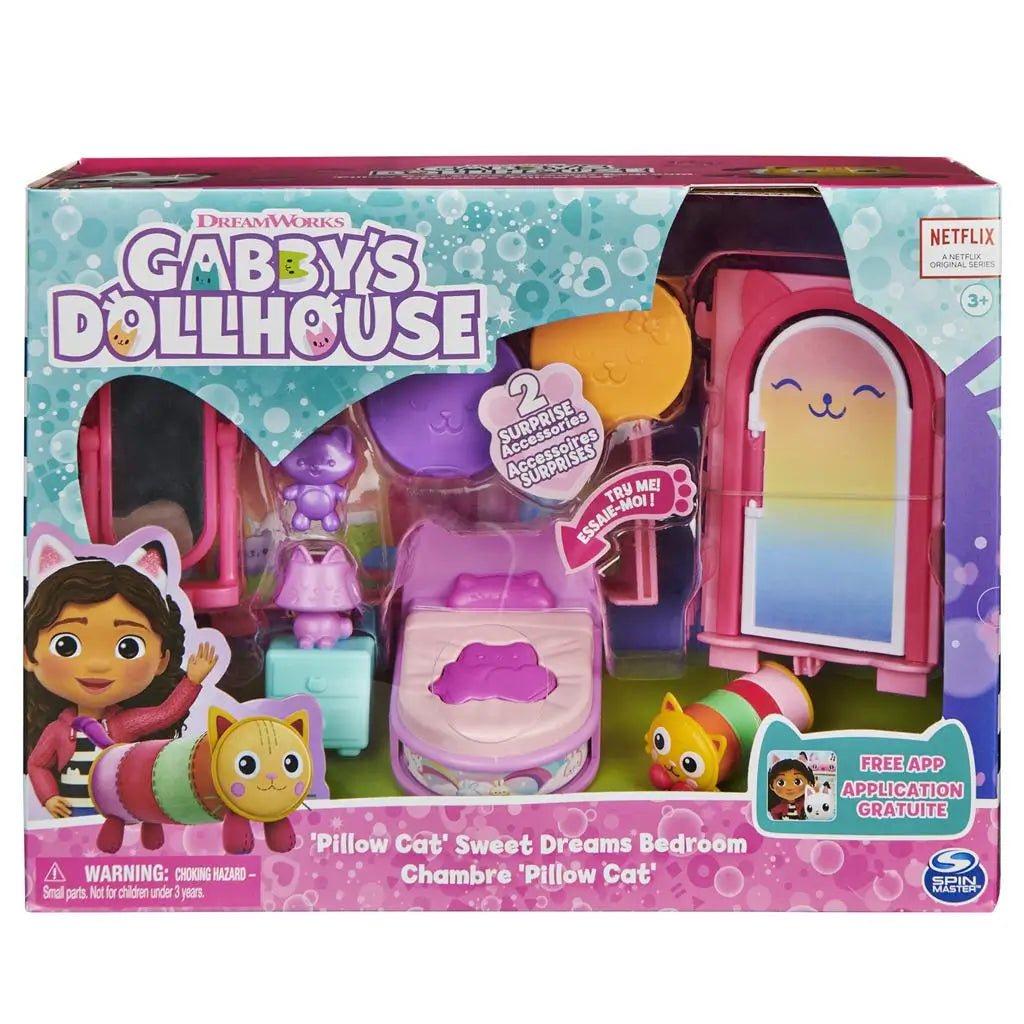 Gabby’s Dollhouse Pillow Cat bedroom toy packaging in colorful printed cardboard with clear plastic window, showing pastel furniture and figures inside, box design with branding and product details on front.