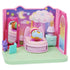 Gabby’s Dollhouse Pillow Cat bedroom playset in pink, purple, and pastel plastic with smooth rounded furniture shapes, cozy bed, mirror, and nightstand arranged in a dreamy cartoon-style room backdrop.