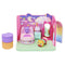 Gabby’s Dollhouse Pillow Cat bedroom playset in pastel pink, purple, and green plastic with smooth rounded furniture shapes, complete mini room scene with bed, mirror, and figures on white background.