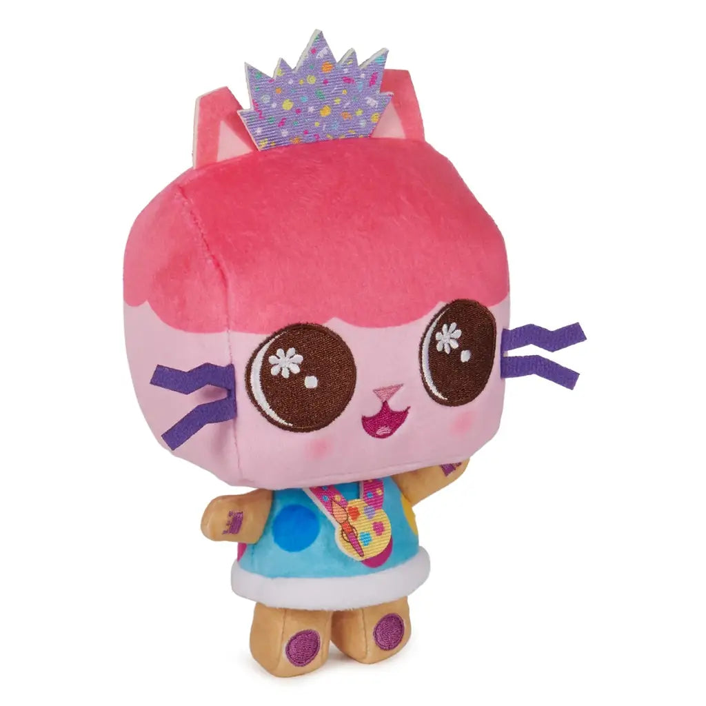 Gabby’s Dollhouse Baby Box Cat plush toy in pink and teal soft fabric with square cat head, embroidered brown eyes, and colorful crown accessory designed as a cuddly character figure on a clean white background.