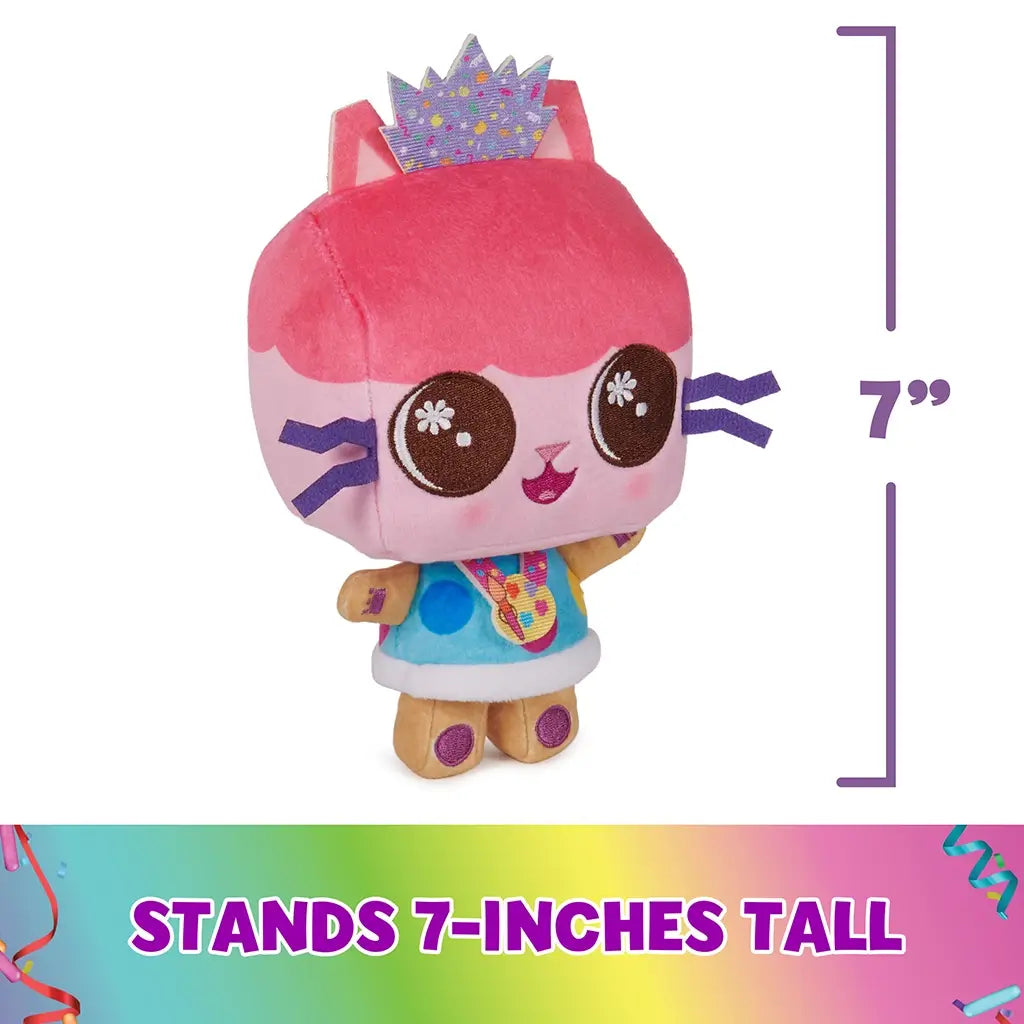 Gabby’s Dollhouse plush toy in pink soft fabric cube-shaped cat form with embroidered details and crown, shown upright with measurement graphic indicating seven-inch height on a plain white background.