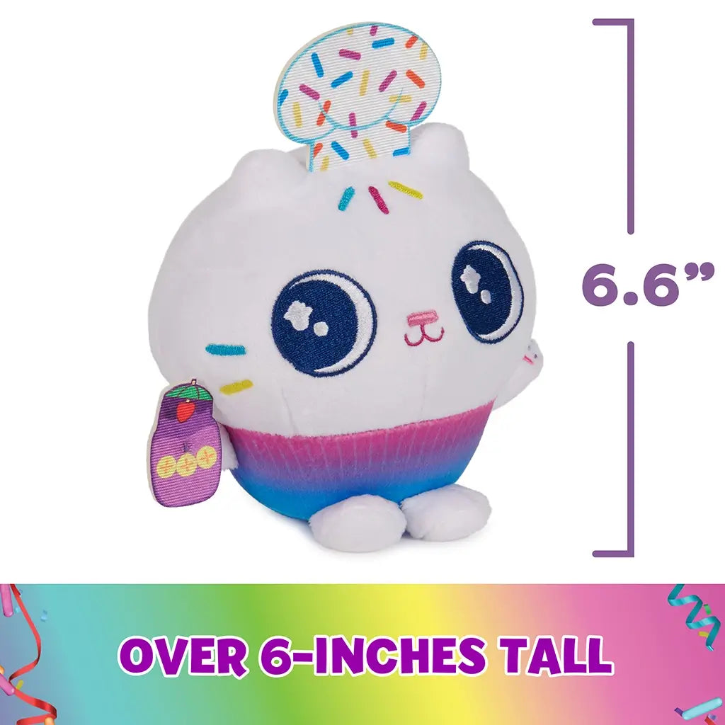 Gabby’s Dollhouse Cakey Cat plush toy white soft fabric cupcake shaped cat with colorful sprinkles and rainbow base, small 6 inch cuddly character displayed on white background with size graphic.