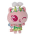 Gabby's Dollhouse Cakey Cat plush toy in pink and green soft fabric, rounded kitten shape with stitched facial features and floral crown, angled view highlighting dimensional design and cute styling.