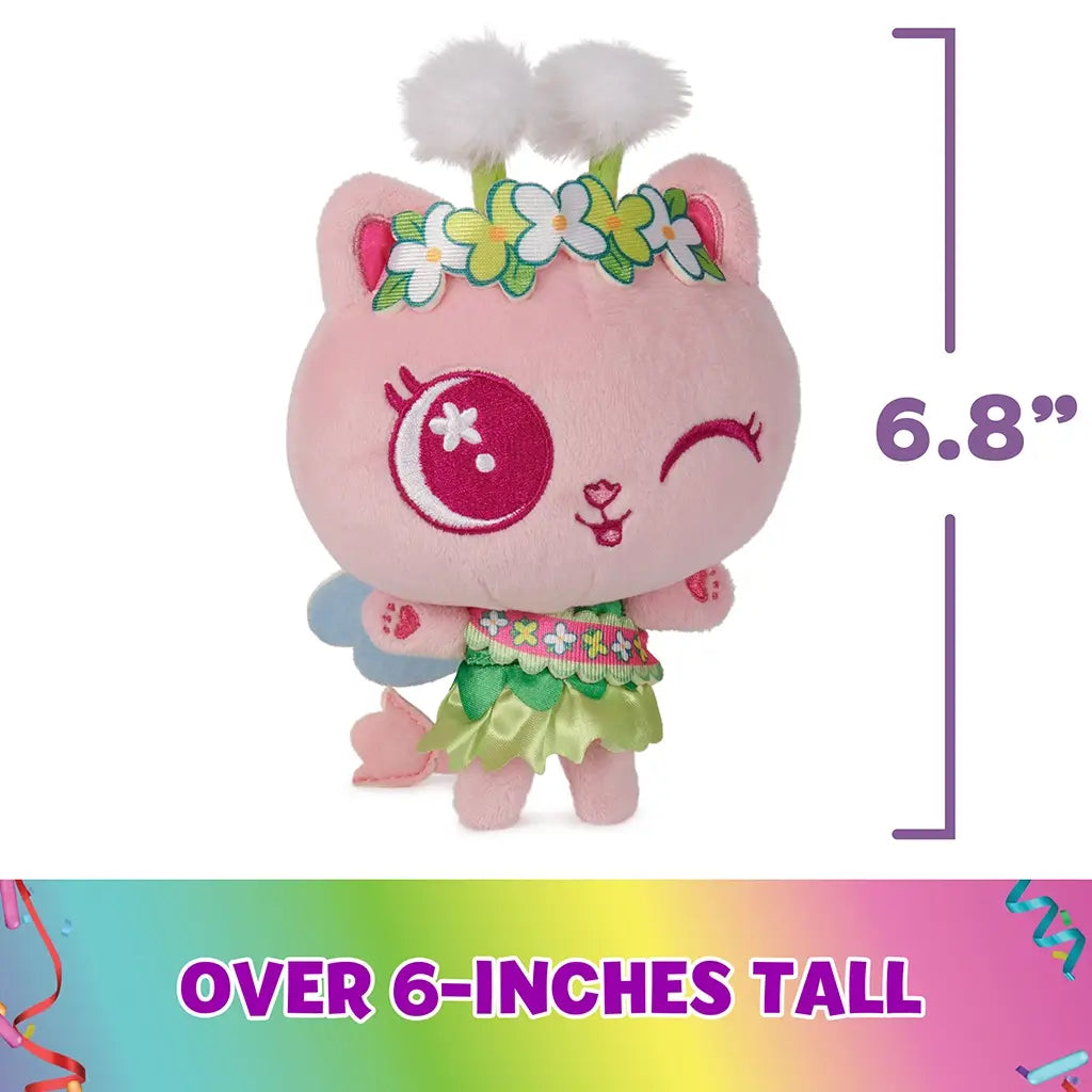 Gabby's Dollhouse Cakey Cat plush toy in soft pink fabric, rounded kitten shape with embroidered eye and floral headband, upright on white background with size graphic showing over six inches tall.